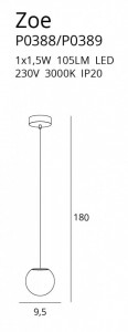 Pendul Zoe Maxlight Auriu -P0389   Culoare: Auriu  Dimensiuni: Diametru 9.5cm, Inaltime 180cm (max)   Material structura: Metal  Materail abajur: Sticla  Becuri: 1 x 1,5W,  105 LM, 3000K