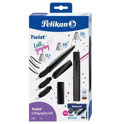 Stilou Twist pentru caligrafie, 3 penite 1.1/1.5/2.0 mm, grip ergonomic, ambidextru, culoare negru, cutie carton