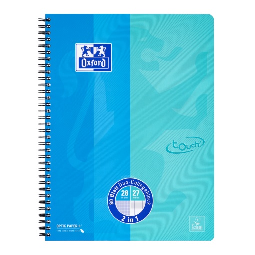 Caiet Oxford Touch Duo, A4+ 80 file, hartie Optik 90g/mp, spira dubla, scribzee, dictando+patratele, culoare albastru/aqua