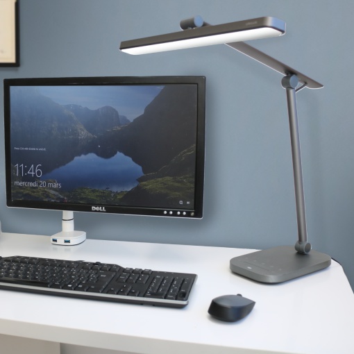 Lampa Unilux LED Pureline, 2 comutatoare tactile, timer 1h, mod lampa de noapte, functie memorie, functie stingere intarziata, cap rotativ +/-180°, brat ajustabil 150°, baza rotativa +/-170°, baza din aluminiu, culoare gri