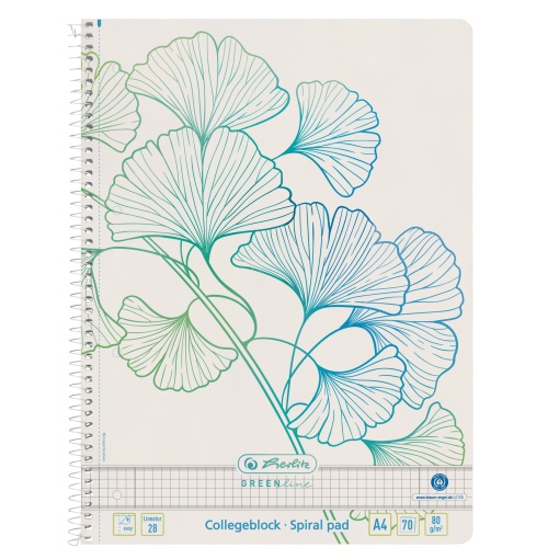 Caiet A4, cu spira, 70 file, hartie reciclata, 80 g/mp, dublu liniat, perforatii, microperforatii, patratele, motiv Ginkgo, seria GREENline