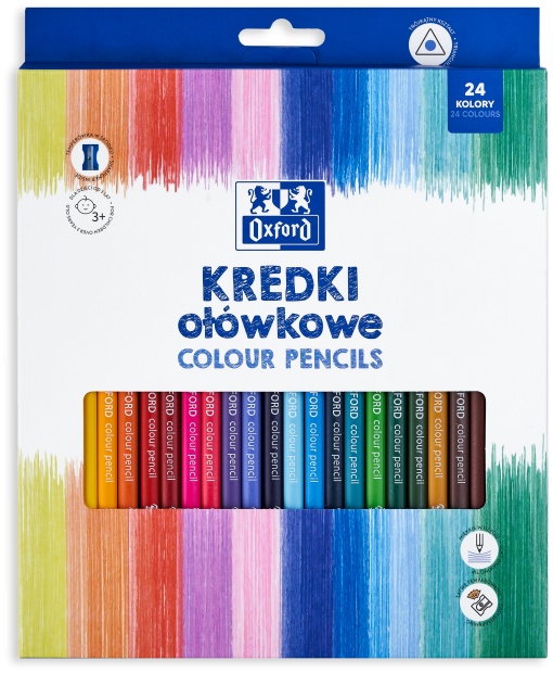Creioane colorate triunghiulare Oxford, set 24 + ascutitoare, include auriu, in cutie de carton