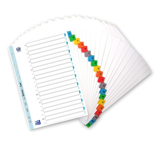 Index carton alfabetic Oxford A4 A-Z, 20 file/set, carton 170g/mp, culoare alb cu margine color