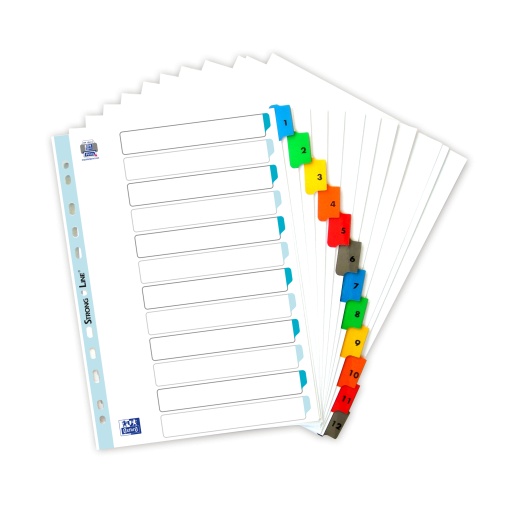 Index carton numeric Oxford A4 1-12, 12 file/set, carton 170g/mp, culoare alb cu margine color