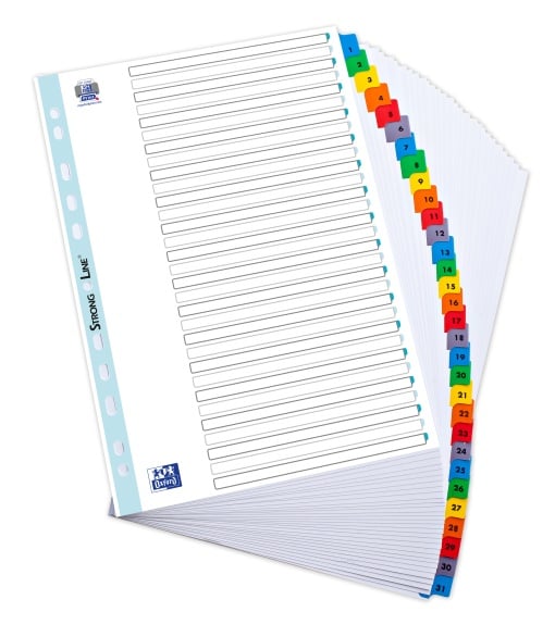 Index carton numeric Oxford A4 1-31, 31 file/set, carton 170g/mp, culoare alb cu margine color