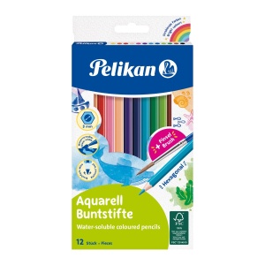 Creioane colorate hexagonale, solubile in apa, mina 3 mm, set 12 + pensula
