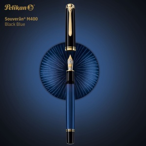 Stilou Souverän® Black Blue M400, penita M aur 14k, accesorii placate aur 24k