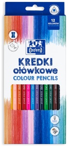 Creioane colorate triunghiulare Oxford, mina 3 mm, set 12 + ascutitoare, in cutie de carton