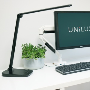 Lampa Unilux LED Twist pentru birou, reglabila, cap rotativ +/-180°, brat ajustabil la 150°, baza rotativa la 170°, 2 comutatoare tactile, port USB, culoare negru - Img 1