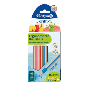 Creioane colorate triunghiulare Griffix, mina 4 mm, set 8 culori vibrante + 1 alb