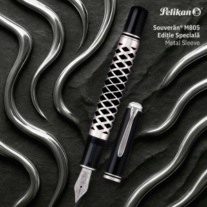 Stilou Editie Speciala Metal Sleeve Souverän® M805, penita M aur 18k, manson argint prelucrat cu laser