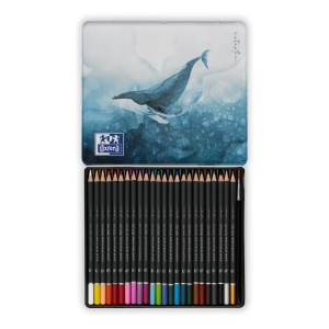 Creioane colorate rotunde Watercolour, mina 3 mm, set 24 culori+pensula, in cutie metal, colectia Oxford Artistic - Img 2