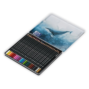 Creioane colorate rotunde Watercolour, mina 3 mm, set 24 culori+pensula, in cutie metal, colectia Oxford Artistic - Img 4