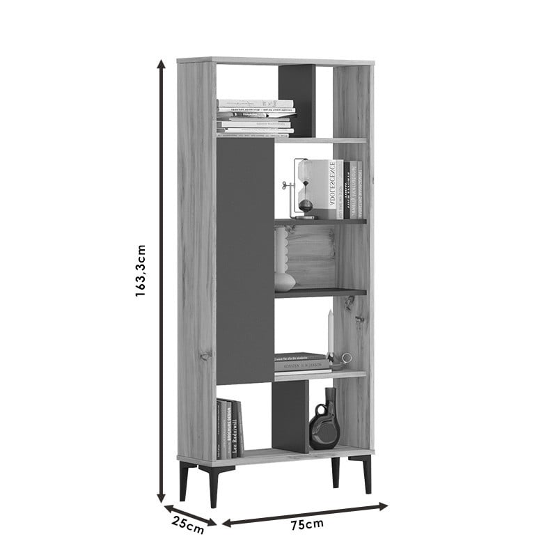 Biblioteca Pako World, Model Neville, 72x25x163.3 cm, Natur/Antracit