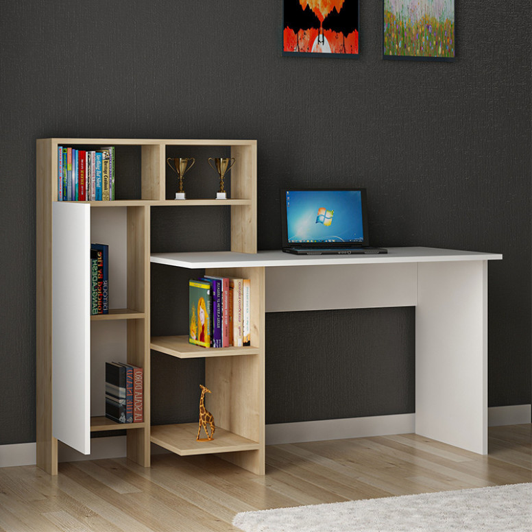 Birou cu Biblioteca Pako World, model Slate, 120x112x60 cm, Alb/Stejar - 2 | YEO