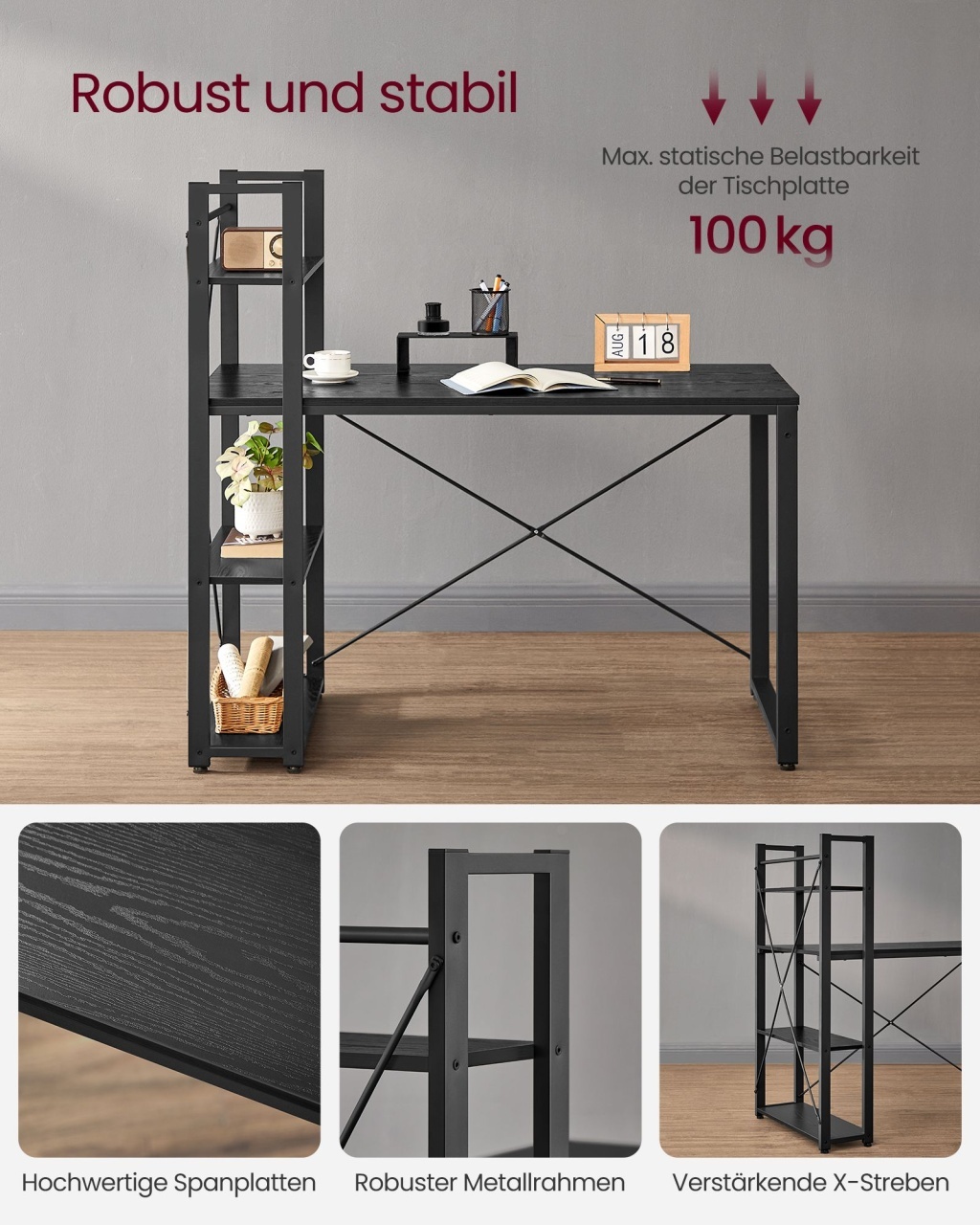 Birou Vasagle Negru 120x119.3x60 cm - 4 | YEO