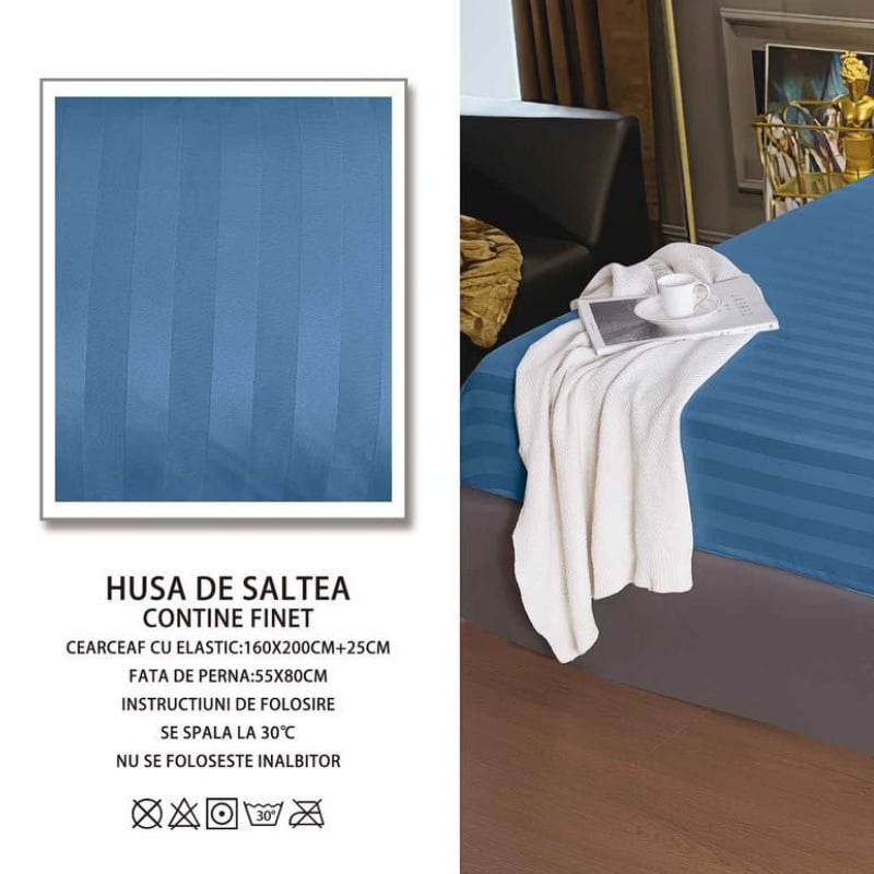 Cearsaf cu elastic 160x200 cm si 2 Fete de Perna Damasc, Atlas V4 Cobalt (Finet)