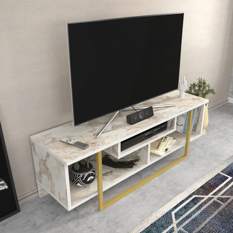 Comoda TV Salvador, Model Asal, 120x40.2x35.2 cm, Alb marmorat/Auriu - 3 | YEO