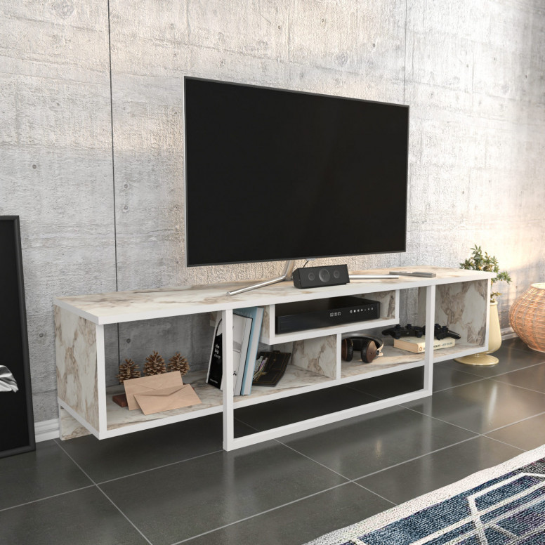 Comoda TV Salvador, Model Asal, 150x40x35.2 cm, Alb/Alb marmorat - 1 | YEO