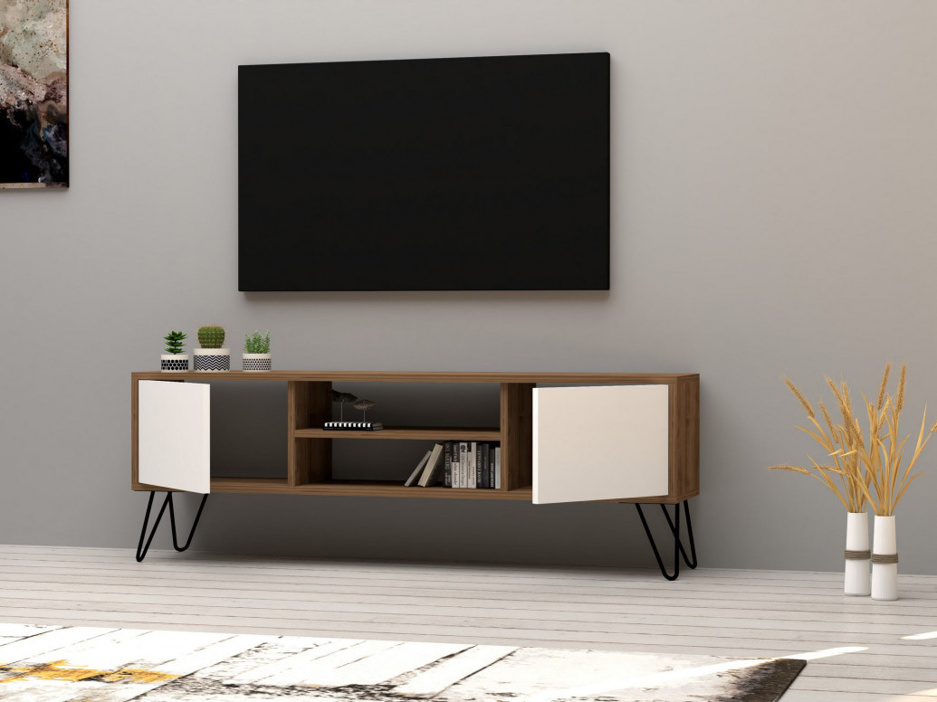 Comoda TV Salvador, Model Eva, 140x50x30 cm, Alb/Nuc