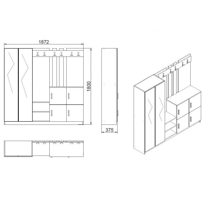 Cuier hol cu dulap Model Grant, Pin/Antracit, 187.2x37.5x180 cm