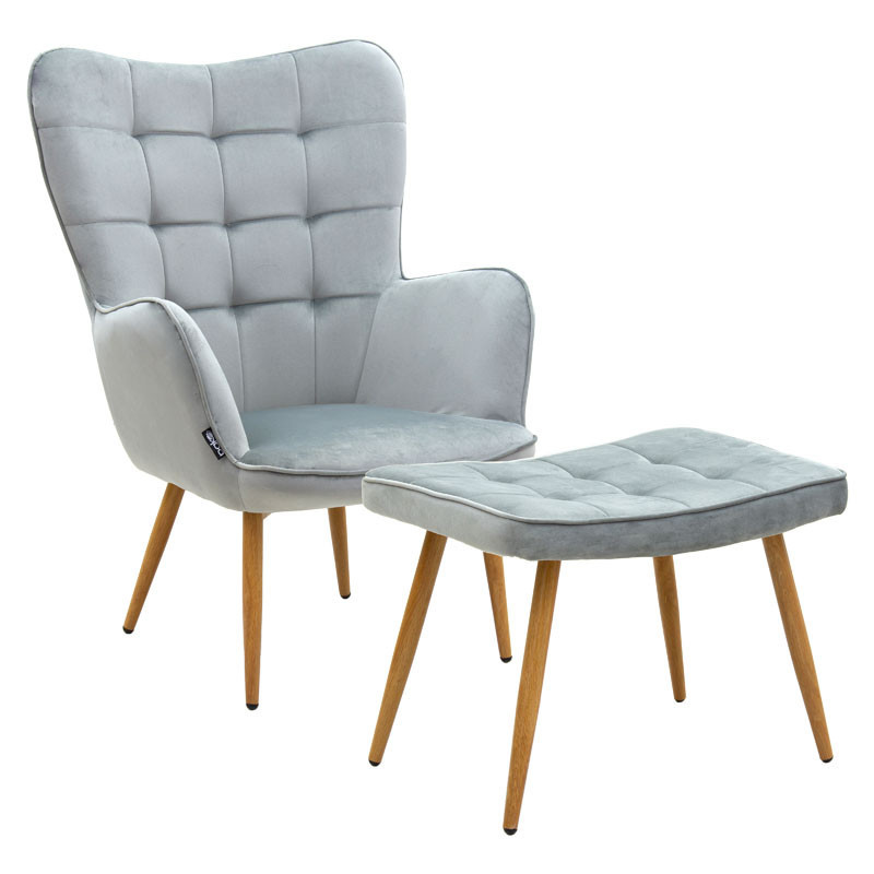 Fotoliu Maddison cu suport pentru picioare - perna catifea gri - culoare lemn natural 68x72x98cm