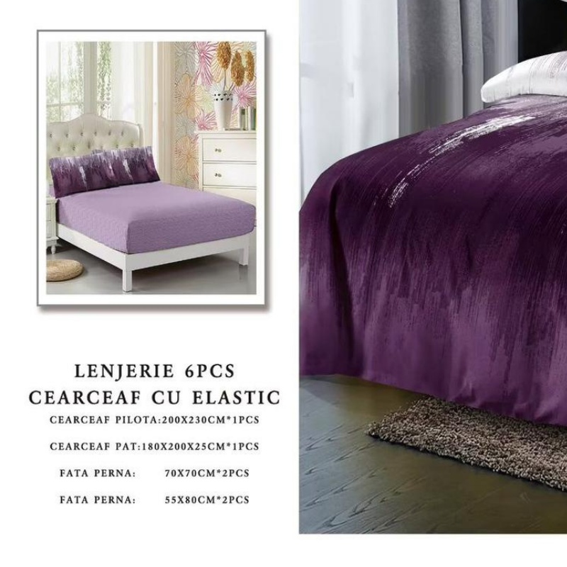 Lenjerie cu Elastic 180x200 cm, Luxart Purple 6 Piese (Finet) - 1 | YEO