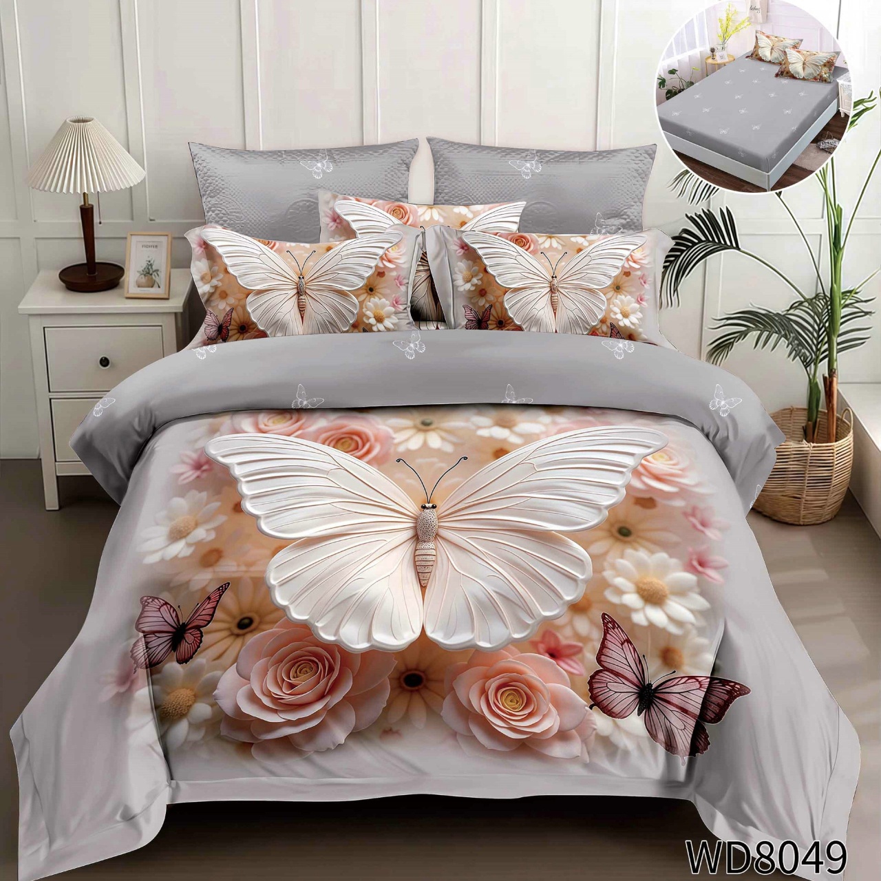 Lenjerie de pat Finet 5D Digital Print cu elastic – 4 piese, Butterfly Flower Dream