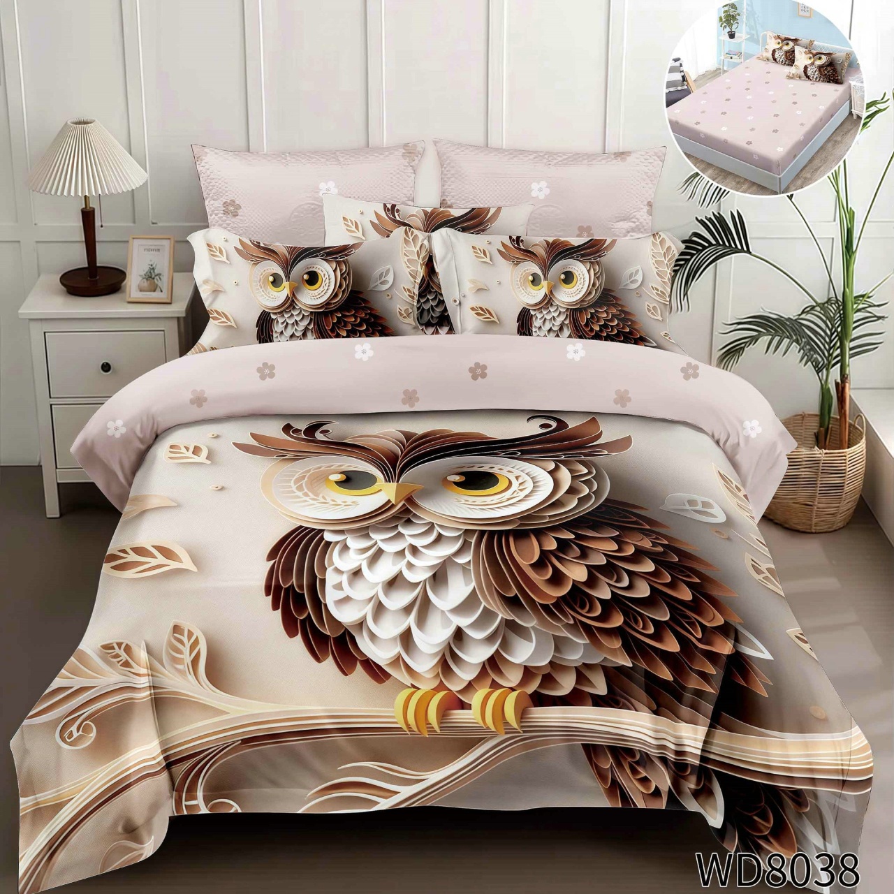 Lenjerie de pat Finet 5D Digital Print cu elastic – 4 piese, Owl Wisdom Dream