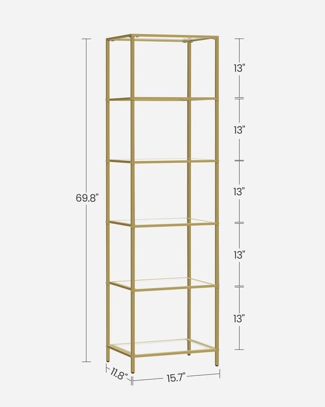 Raft cu 6 polițe de sticlă Model Emmalyn, Auriu, 40x30x177.3 cm - 2 | YEO