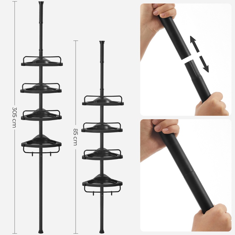 Raft de Colt Reglabil pentru Baie, cu Suport Telescopic pentru dus, 85-305 cm, de la podea pana la tavan, cu 4 Tavi, 3 Carlige, Negru - 3 | YEO