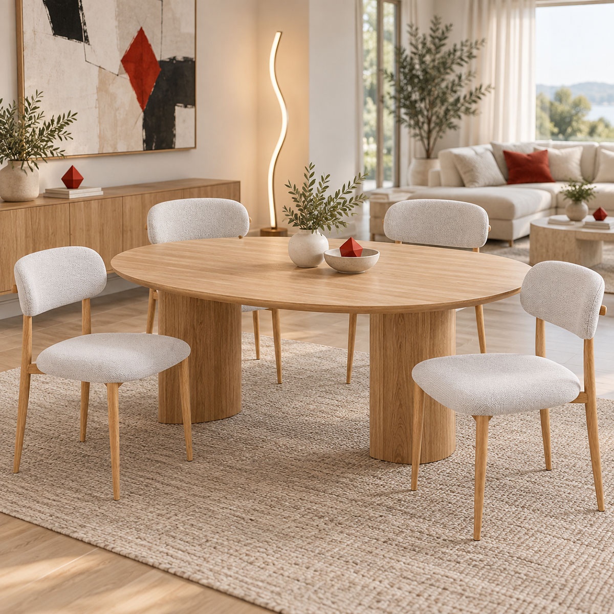 Scaun dining Kaourt, tapițat cu material textil, Gri/Natur, 49 × 55 × 80 cm