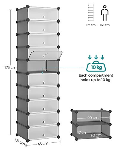 Set 10 cuburi din plastic pentru depozitare, Songmics, Gri, 43x31x173 cm