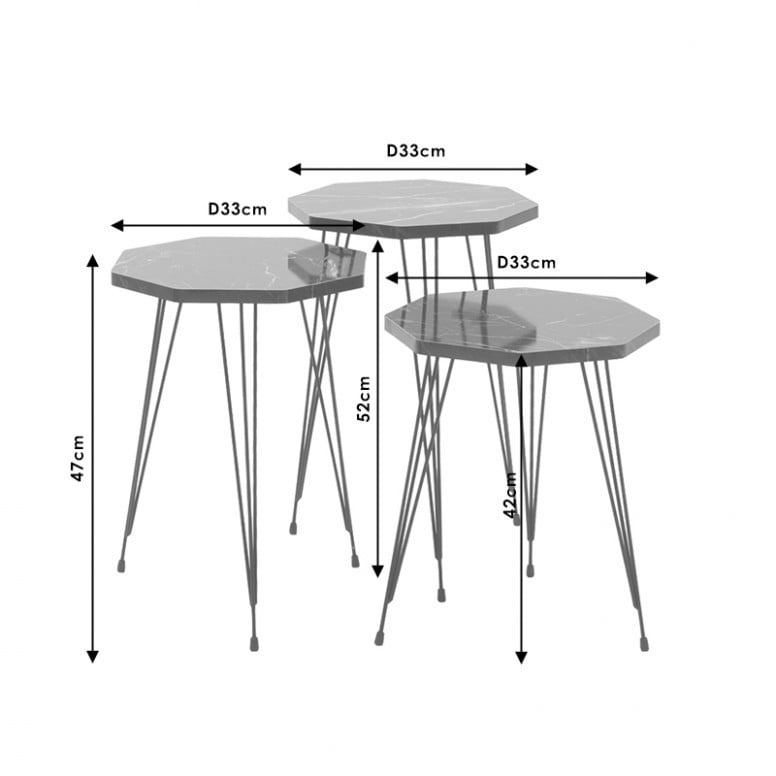 Set 3 Masute de Cafea Model Holmes, 33x33x52/33x33x47/33x33x42 cm, Negru marmorat