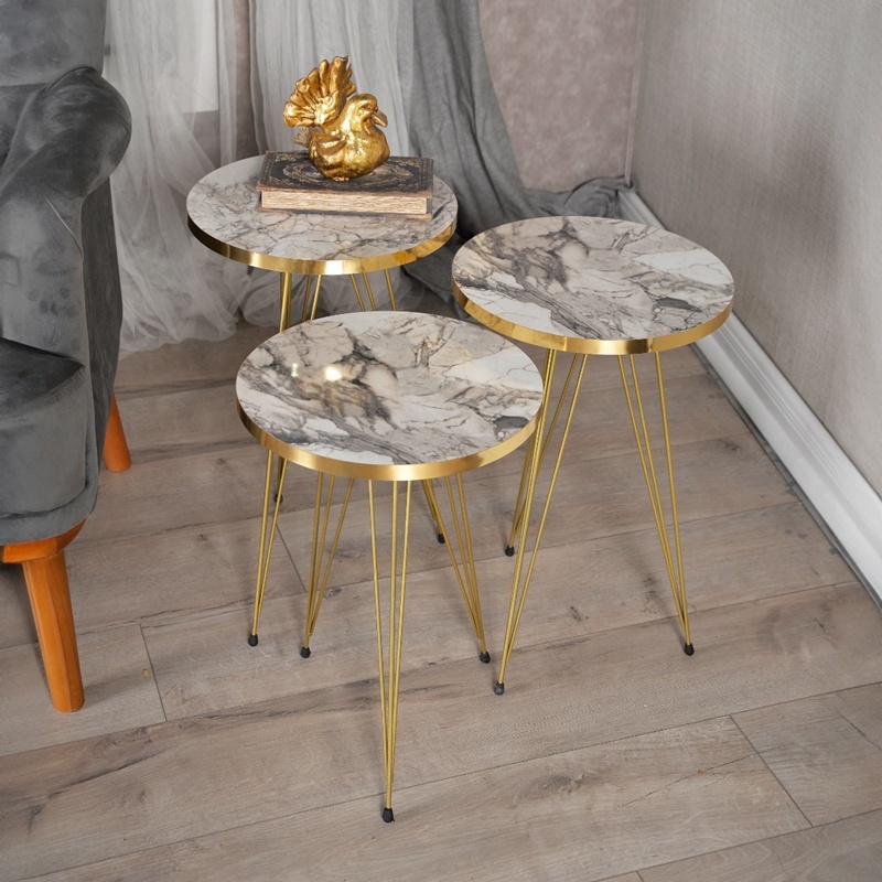 Set 3 Masute Laterale Model Wakmi, Marmorat/Auriu - 1 | YEO