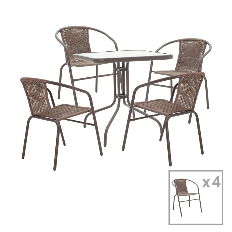 Set masa de gradina si 4 scaune, Model Obbi-Watson, culoare maro, metal si poliratan, 80x80x70 cm - 1 | YEO