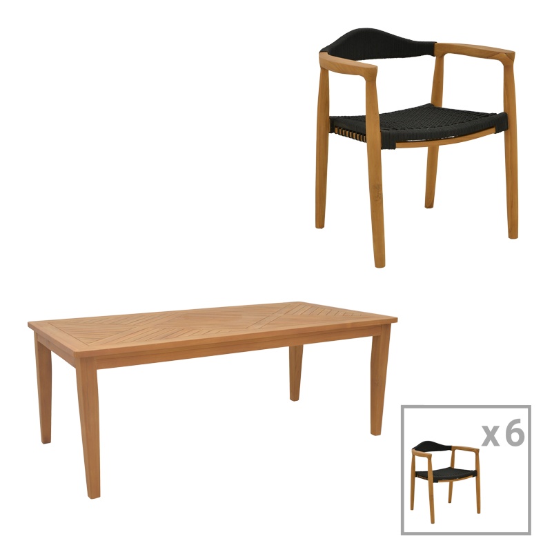 Set Masa si Scaune de Exterior, 7 Piese, Model Ganny-Mady, Natural/Negru, 200x100x75 cm