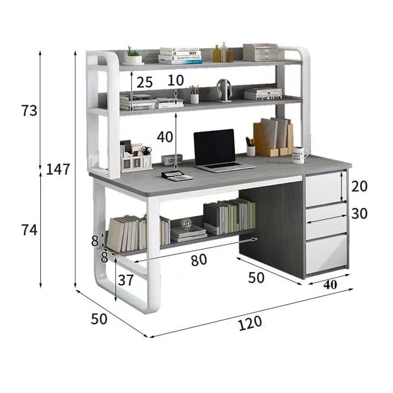 Birou cu Biblioteca Pako World, model Soco, 120x144x50 cm, Gri/Alb