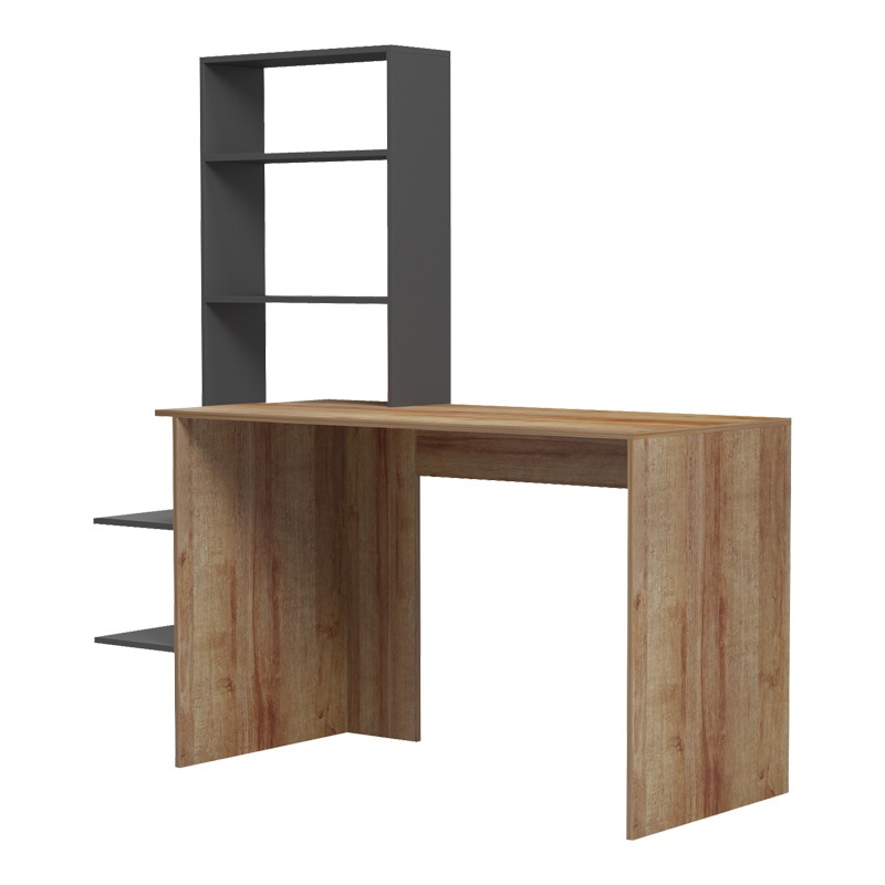 Birou cu rafturi Model Bivoro, Stejar/Gri, 146x55x129 cm - 3 | YEO