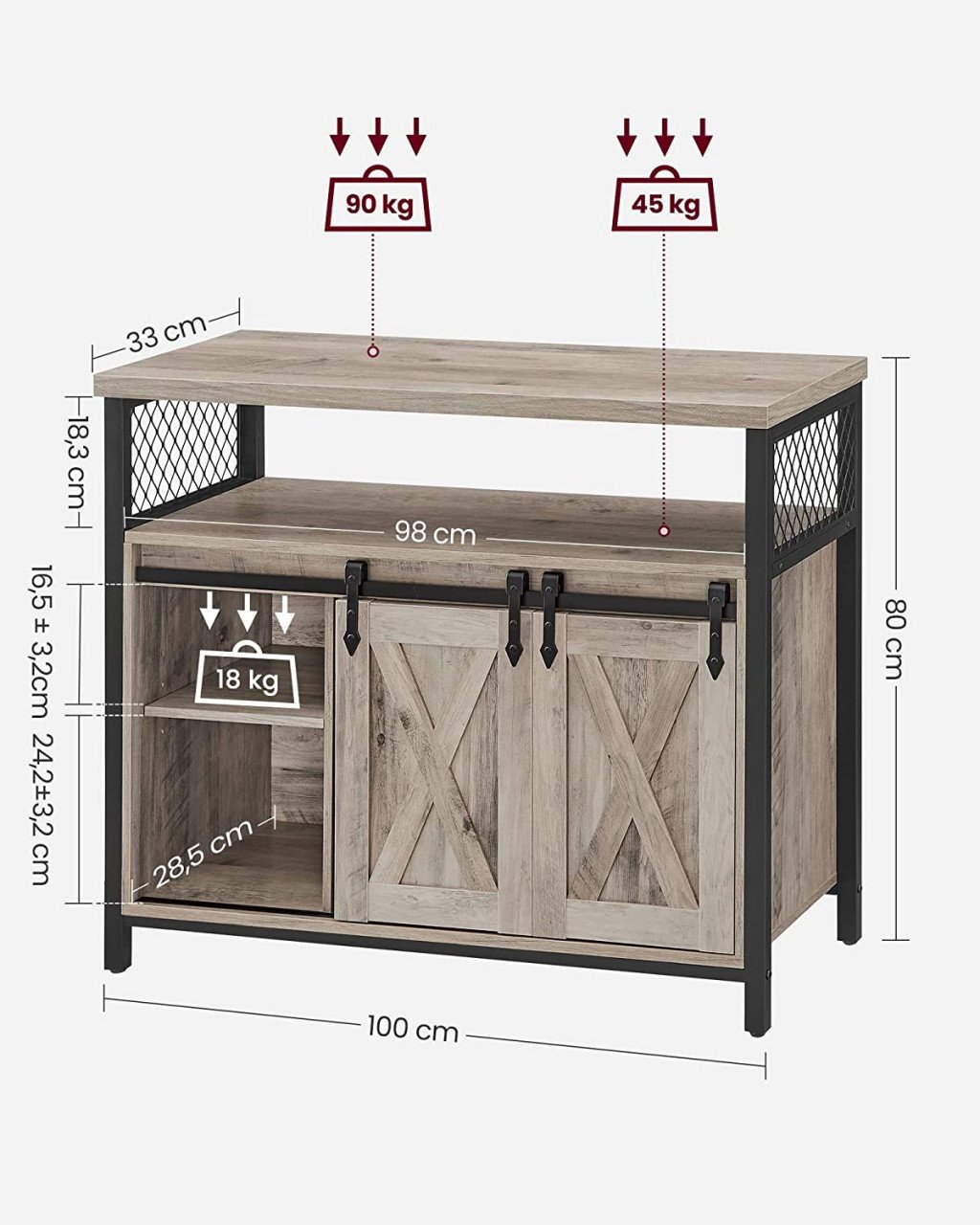 Bufet Multifuncțional cu 2 uși glisante Model Nellie, Gri/Negru, 100x33x80 cm - 2 | YEO