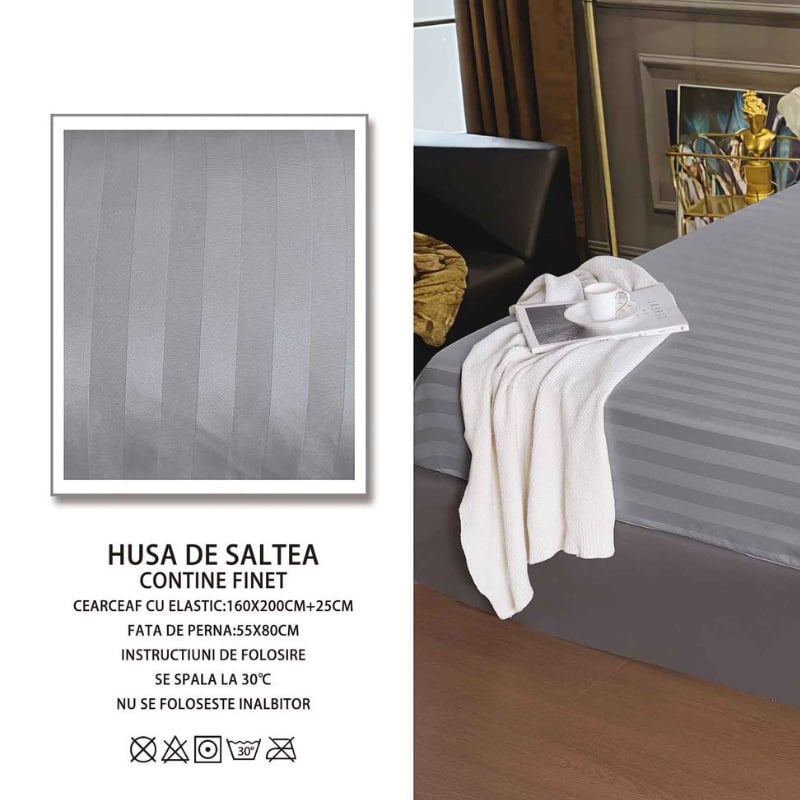 Cearsaf cu elastic 160x200 cm si 2 Fete de Perna Damasc, Atlas V6 Gri deschis (Finet)