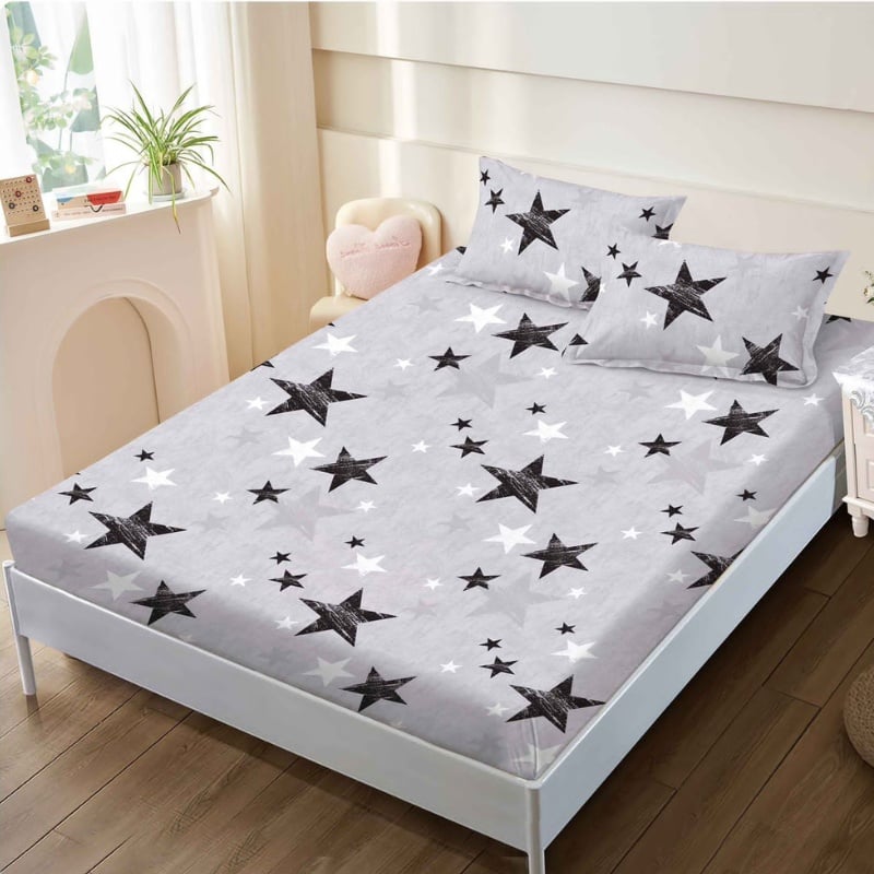 Cearsaf cu elastic si 2 Fete de Perna, Grey Stars 160x200 cm (Finet)