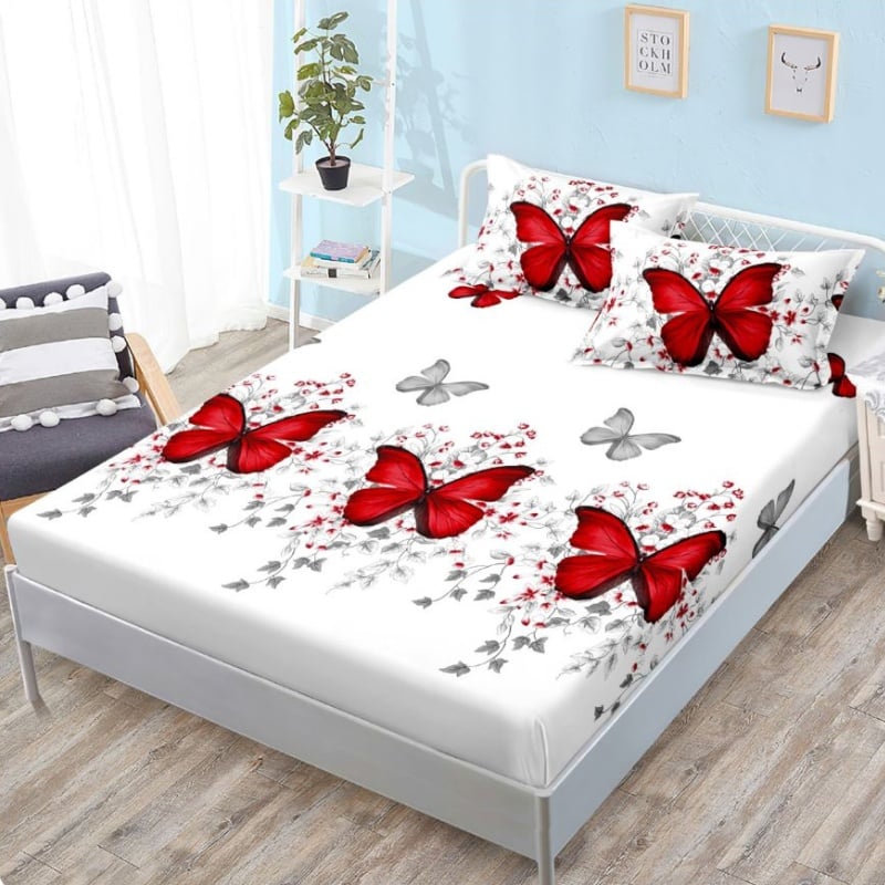 Cearsaf cu elastic si 2 Fete de Perna, Red Butterflies 160x200 cm (Finet)