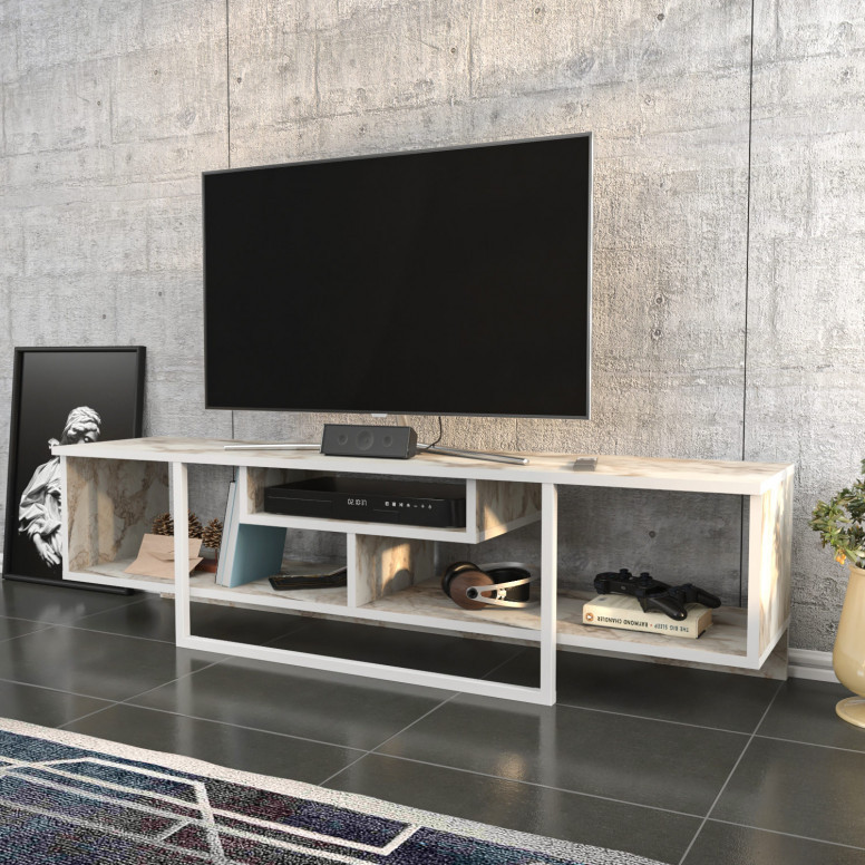 Comoda TV Salvador, Model Asal, 150x40x35.2 cm, Alb/Alb marmorat - 2 | YEO