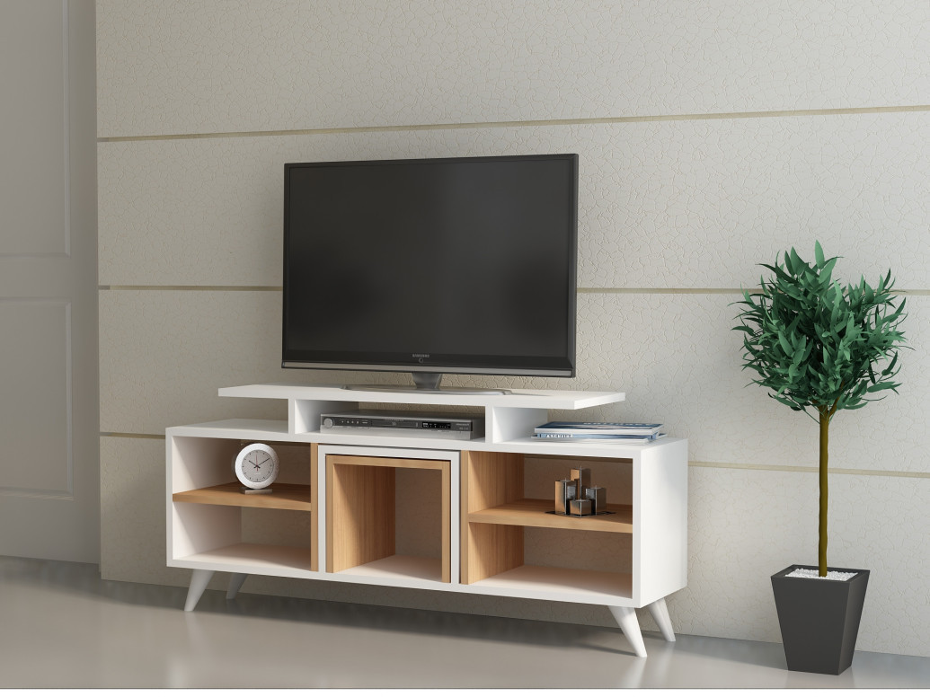 Comoda TV Salvador, Model Kutay, 120x56.9x29.5 cm, Alb/Tec