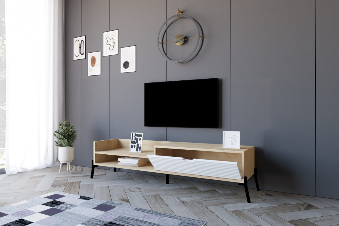 Comoda TV Salvador, Model Trezza, 160x36x40 cm, Stejar safir/Alb - 1 | YEO