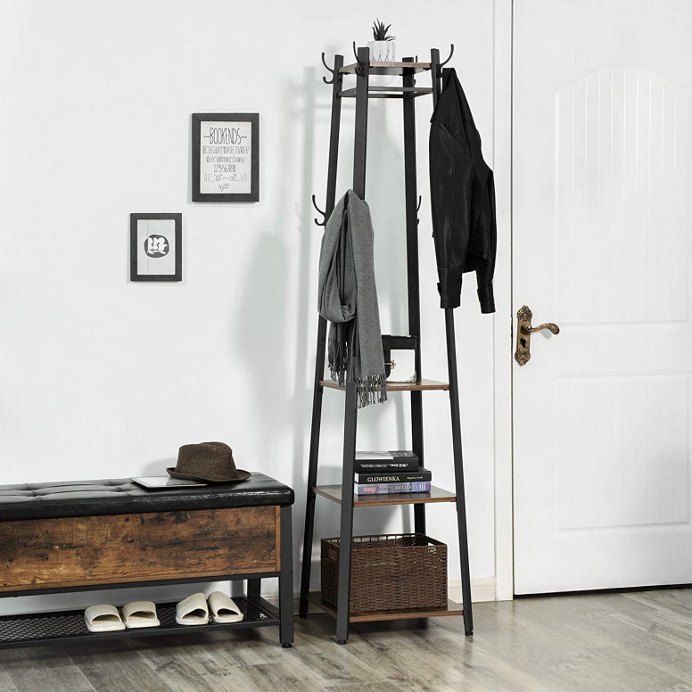 Cuier de podea cu 16 cârlige, 4 bare și 3 rafturi, stil industrial, Maro Rustic/Negru, 43 × 43 × 180 cm - Imagine 2