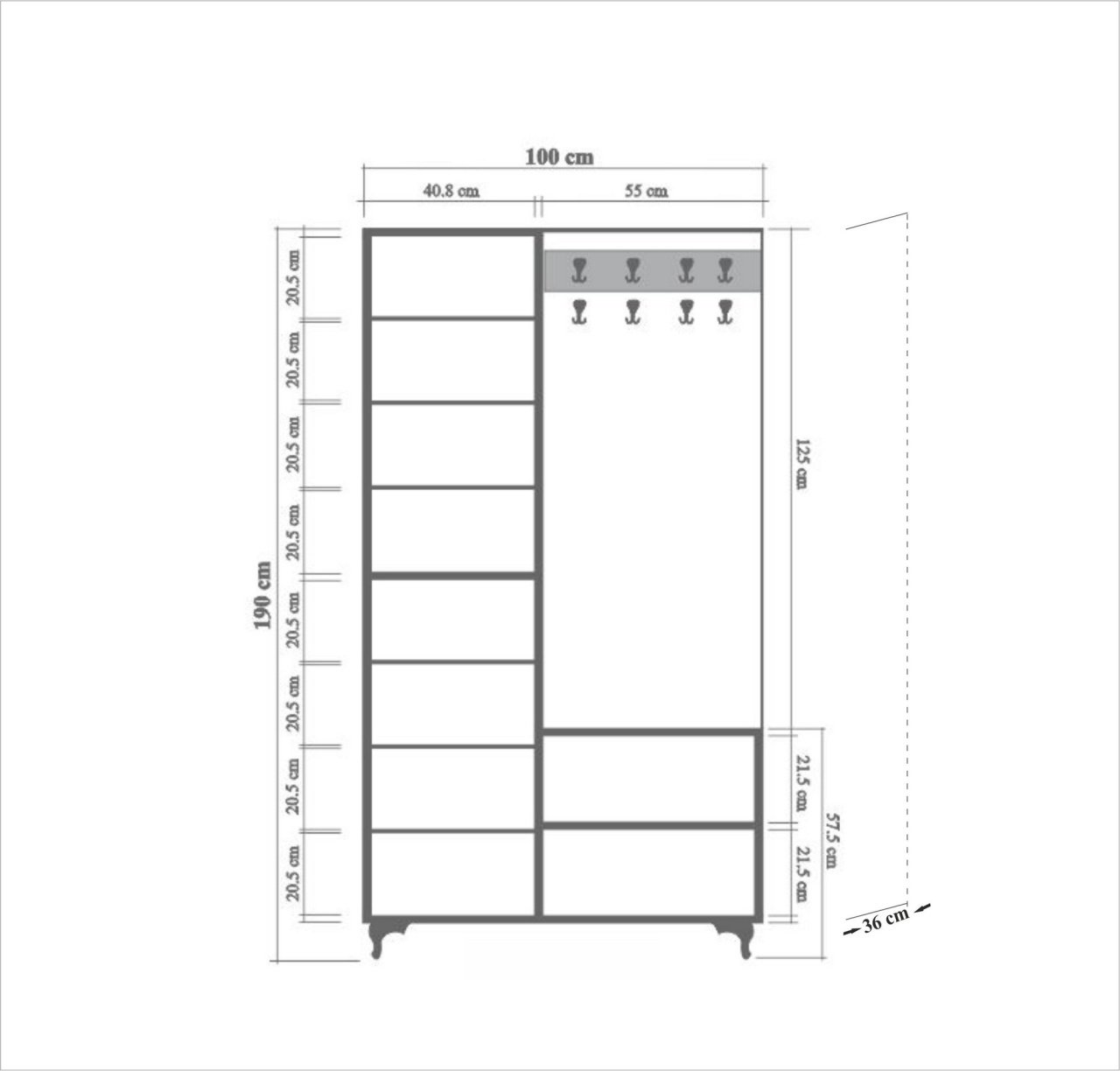 Cuier hol cu dulap Model Cardenas, Alb/Pin/Multicolor, 100x36x190 cm