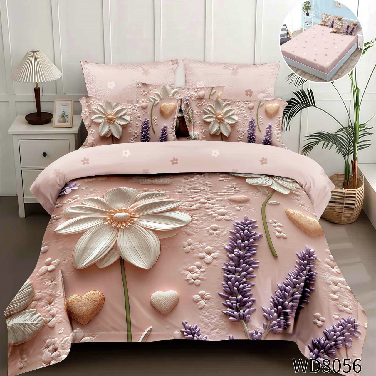 Lenjerie de pat Finet 5D Digital Print cu elastic – 4 piese, Lavender Heart Garden