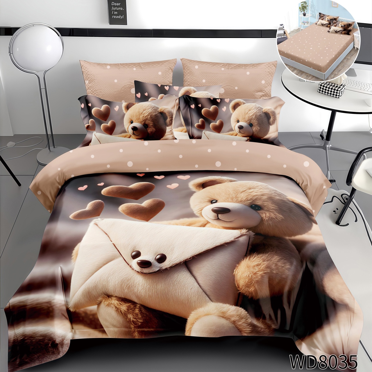 Lenjerie de pat Finet 5D Digital Print cu elastic – 4 piese, Sweet Teddy Message